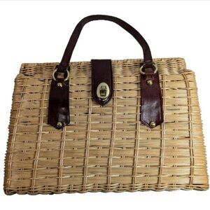 VTG Handwoven Wicker Basket Satchel Handbag Tan Leather-Brass Accents Hong Kong